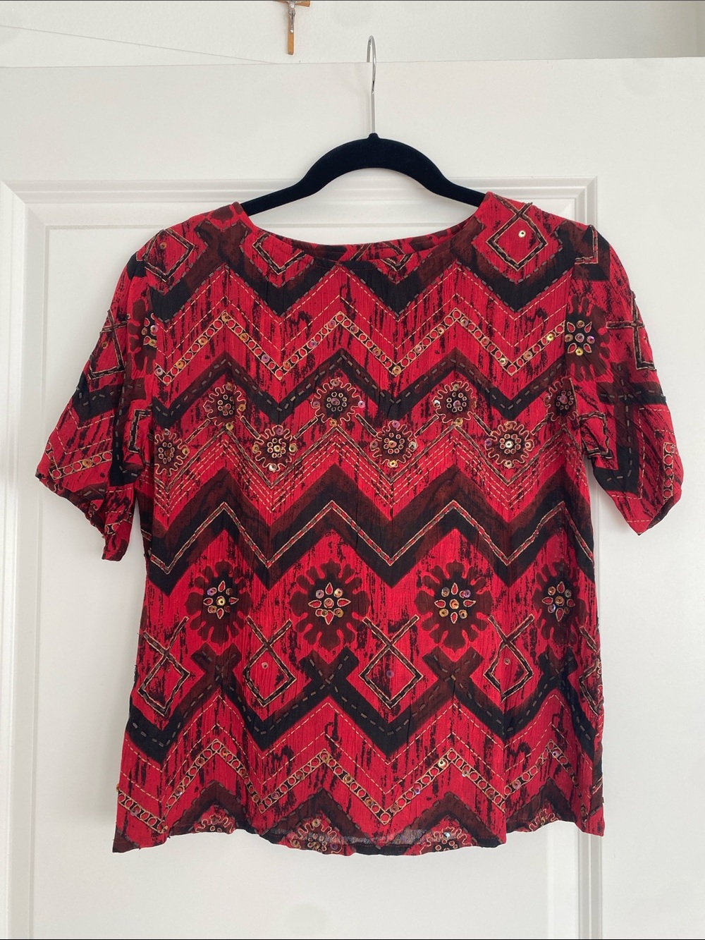Carole Little Red Patterned Short-Sleeve Blouse